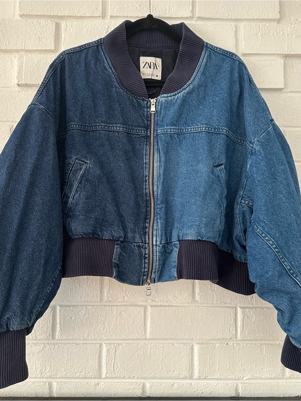 Zara Two-Tone Blue Oversized Denim Bomber Jacket